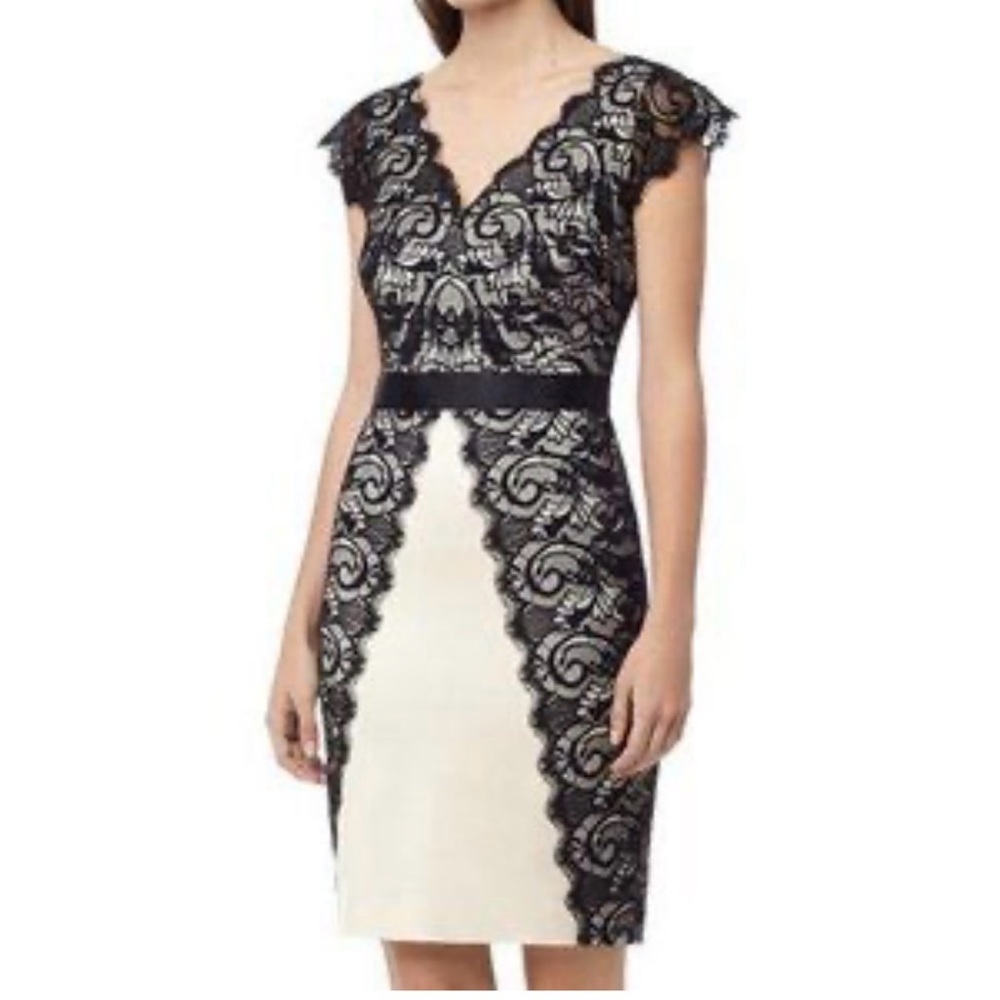 REISS Elegant Black Lace Overlay V-Neck Sheath Dress - Black on Nude 6